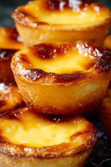 A plate stacked with golden-brown Portuguese Custard Tarts , their tops caramelized and blistered, on a decorative blue and white plate.