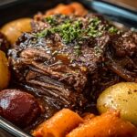 “Slow-braised pot roast served with tender potatoes and carrots, the beef falling apart into juicy strands, topped with fresh herbs.”
