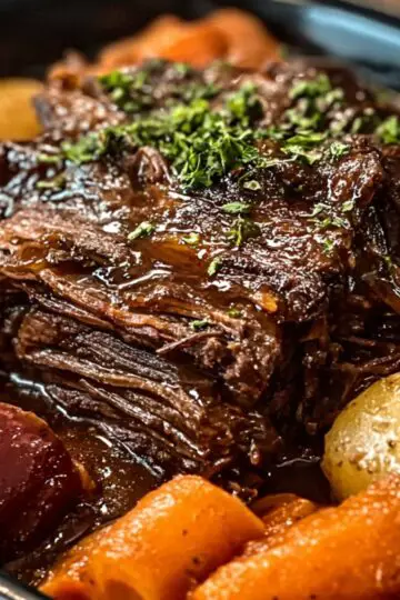 “Slow-braised pot roast served with tender potatoes and carrots, the beef falling apart into juicy strands, topped with fresh herbs.”