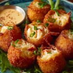 Fried Rangoon Crab Bombs on a plate with greens, served with a dipping sauce, garnished with green onions.