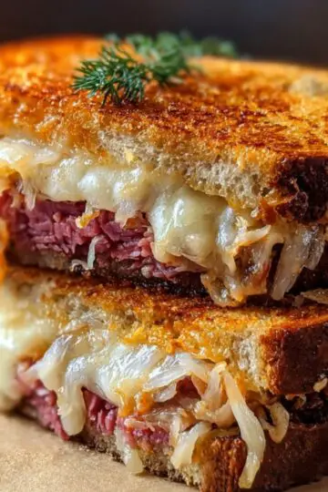 The finished Reuben Sandwich hot off the skillet: crispy golden bread with a buttery crunch, gooey Swiss cheese melting into savory beef and sauerkraut, ready to bite into.