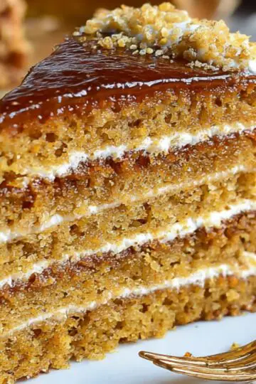 A close-up of a slice of traditional Russian honey cake recipe(Medovik) served on a vintage floral porcelain plate with a gold fork. The cake features multiple thin honey layers filled with creamy sour cream frosting and topped with a glossy caramel glaze and crushed nuts.