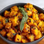 Roasted Sage Butternut Squash cubes in a black bowl, garnished with fresh herbs like sage and rosemary, seasoned with spices and seeds.