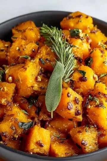 Roasted Sage Butternut Squash cubes in a black bowl, garnished with fresh herbs like sage and rosemary, seasoned with spices and seeds.