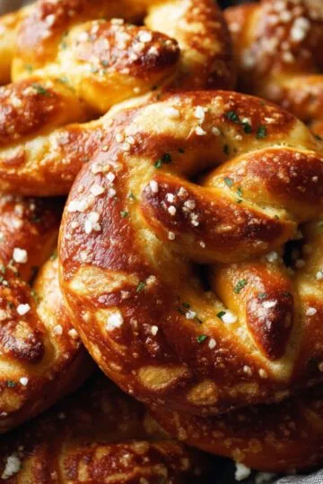 A basket filled with golden-brown soft Soft Pretzel Recipe, sprinkled with coarse salt and herbs, resting in a gray cloth napkin