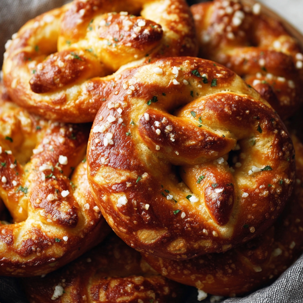 A basket filled with golden-brown soft Soft Pretzel Recipe, sprinkled with coarse salt and herbs, resting in a gray cloth napkin