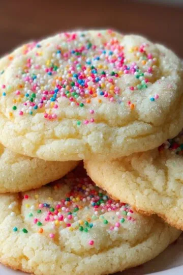 Stack of soft sugar cookie recipe on a white scalloped plate. The cookies have delicate crinkles and are sprinkled with rainbow nonpareils, photographed in gentle window light on a wooden surface.