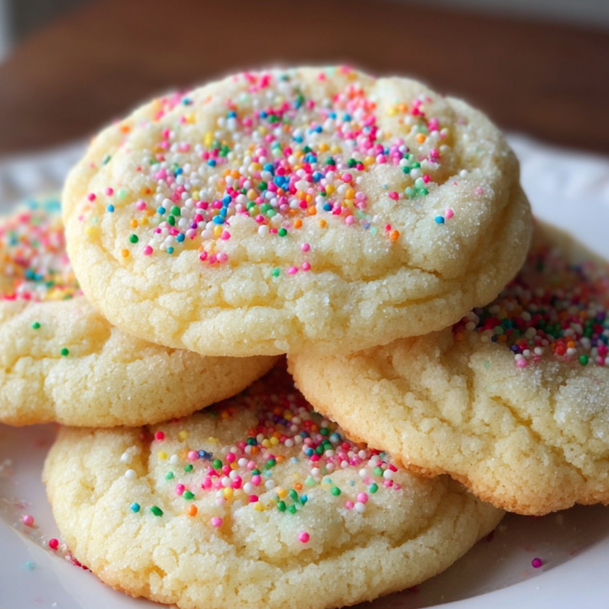 Stack of soft sugar cookie recipe on a white scalloped plate. The cookies have delicate crinkles and are sprinkled with rainbow nonpareils, photographed in gentle window light on a wooden surface.