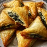 Golden, flaky Greek spanakopita triangles filled with spinach and feta, arranged on a white plate.