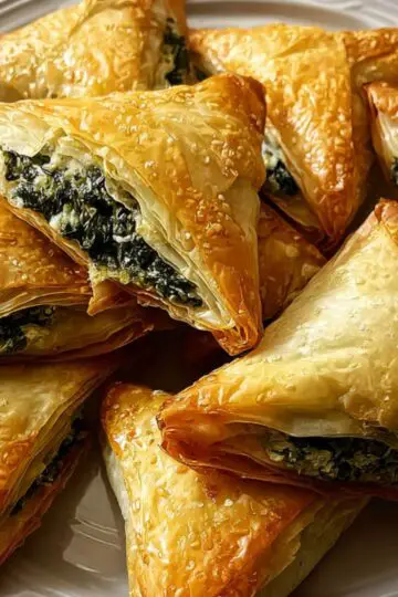 Golden, flaky Greek spanakopita triangles filled with spinach and feta, arranged on a white plate.