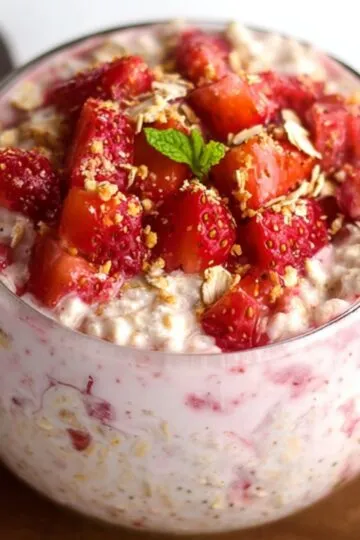 A serving of strawberry cheesecake overnight oats in a clear glass cup, topped with fresh diced strawberries and a mint leaf, with a spoon beside it.