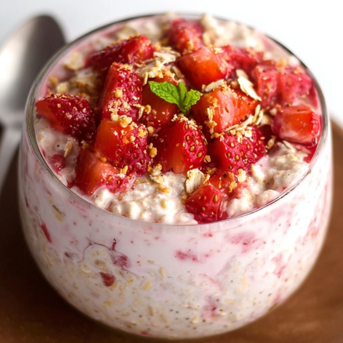 A serving of strawberry cheesecake overnight oats in a clear glass cup, topped with fresh diced strawberries and a mint leaf, with a spoon beside it.