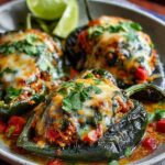 Three stuffed poblano peppers on a gray plate with melted cheese and chopped cilantro, surrounded by diced tomatoes and lime wedges.