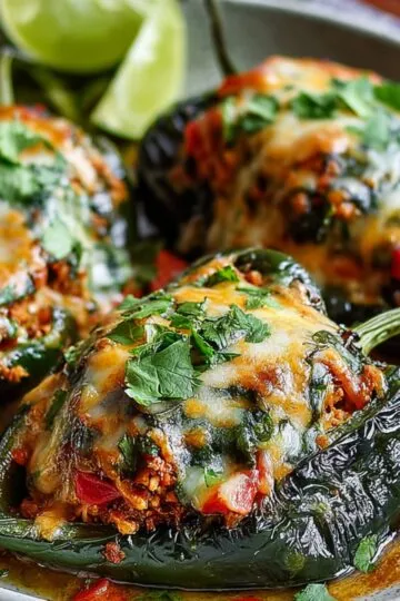Three stuffed poblano peppers on a gray plate with melted cheese and chopped cilantro, surrounded by diced tomatoes and lime wedges.