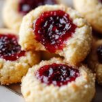 A plate of baked Thumbprint Cookies Recipe filled with glossy raspberry jam, with one cookie showing a bite taken out.