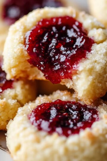 A plate of baked Thumbprint Cookies Recipe filled with glossy raspberry jam, with one cookie showing a bite taken out.
