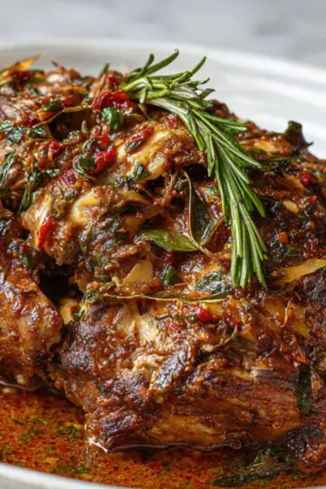 Braised Turkey Neck Recipe served in a deep white bowl with rich sauce, garnished with rosemary and fresh herbs.