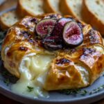 Golden baked Brie wrapped in puff pastry, topped with caramelized figs and fresh thyme, served with toasted baguette slices on a plate.