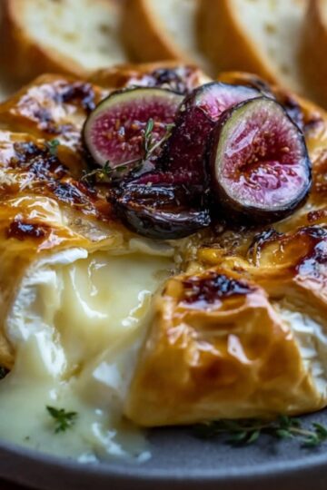 Golden baked Brie wrapped in puff pastry, topped with caramelized figs and fresh thyme, served with toasted baguette slices on a plate.