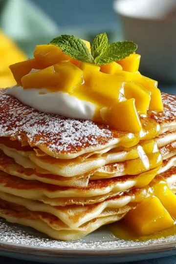 A stack of fluffy homemade mango pancakes topped with fresh mango cubes, a dollop of whipped cream, mint, and a dusting of powdered sugar.