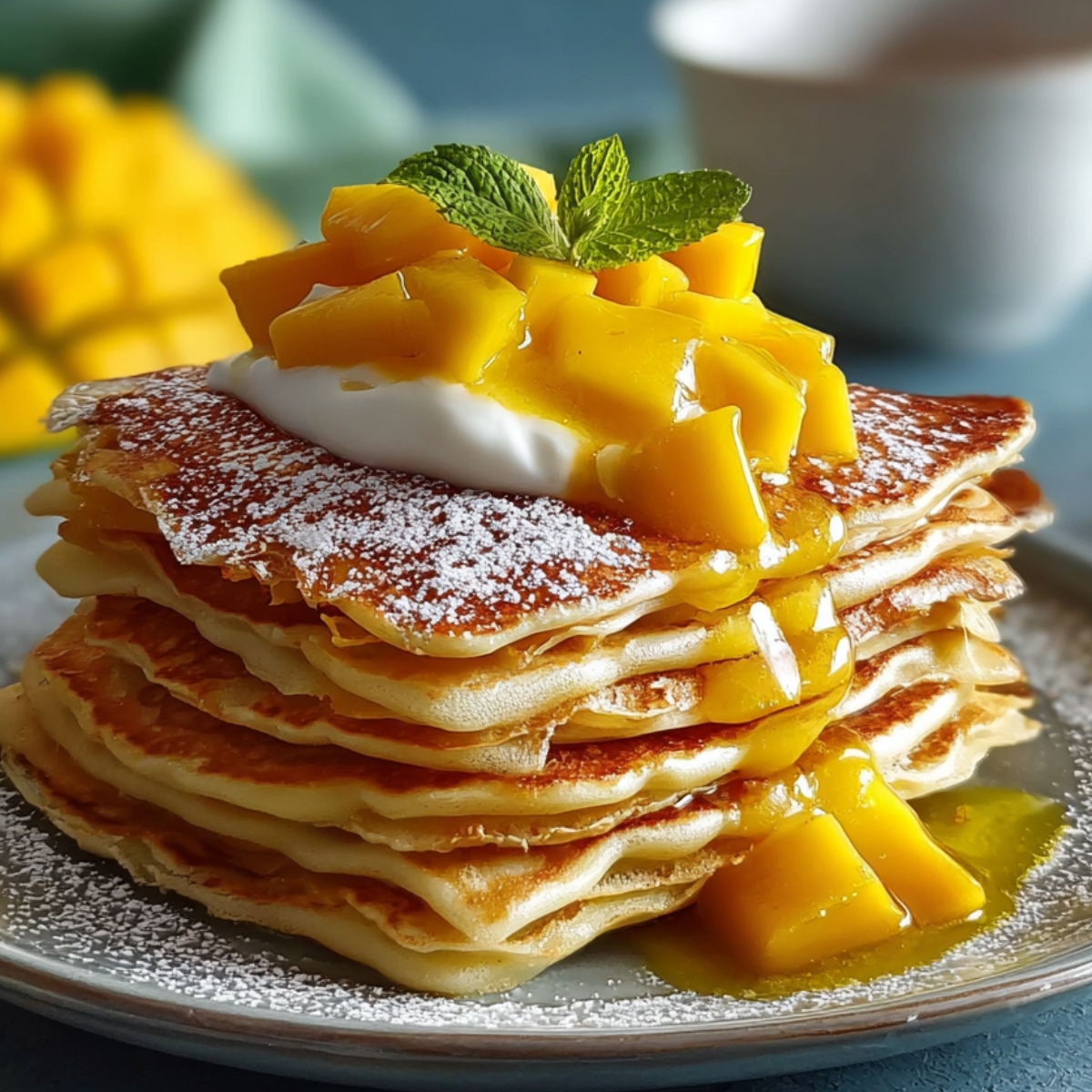 A stack of fluffy homemade mango pancakes topped with fresh mango cubes, a dollop of whipped cream, mint, and a dusting of powdered sugar.