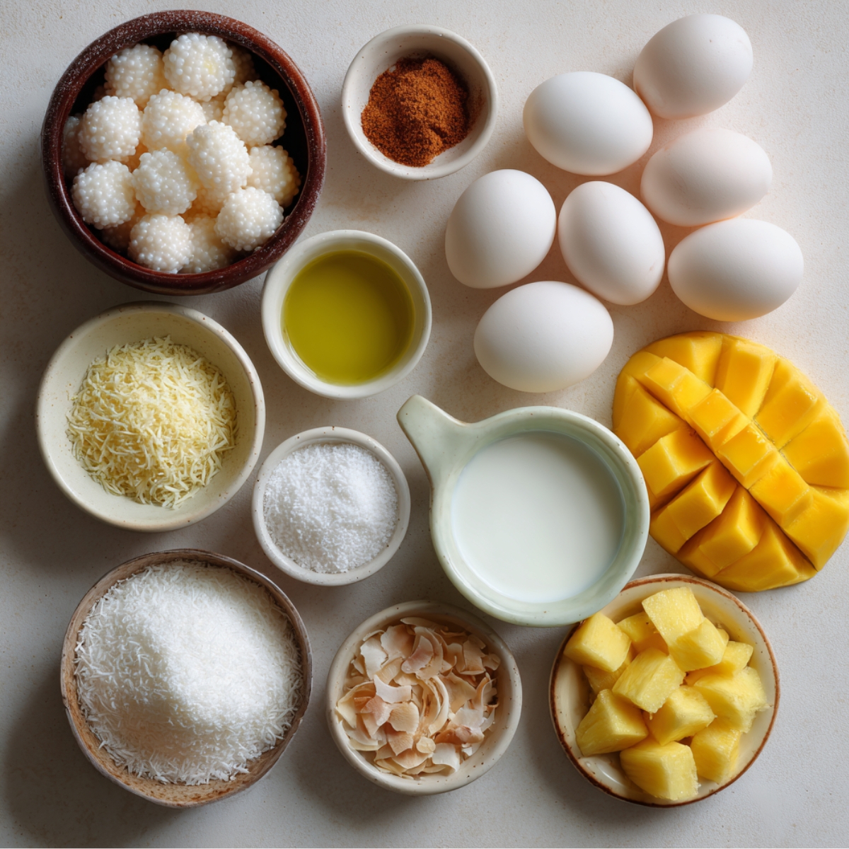 Flat lay of pudding ingredients, featuring pearl tapioca, eggs, shredded coconut, pineapple chunks, mango slices, milk, spices, cheese, and oil.