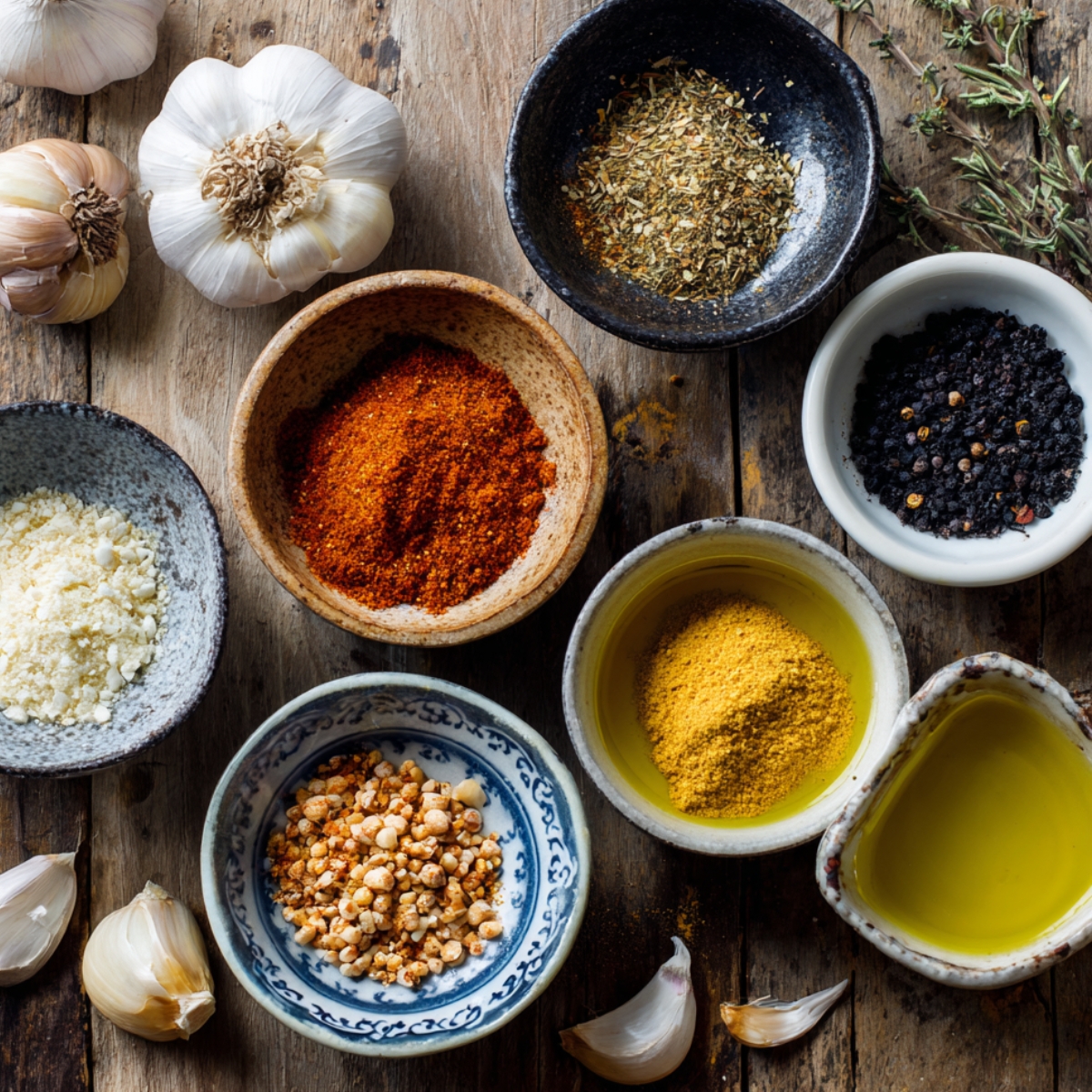 Assortment of spices, dried herbs, olive oil, and fresh garlic on a wooden table.