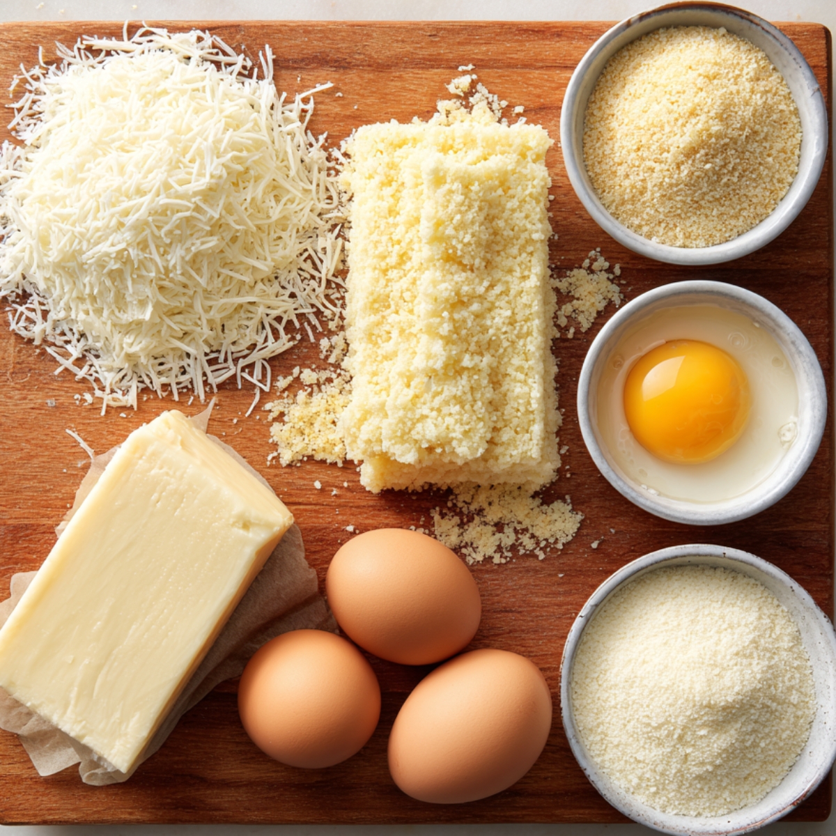 Selection of cheeses, eggs, and breadcrumbs arranged on a wooden board for preparation.