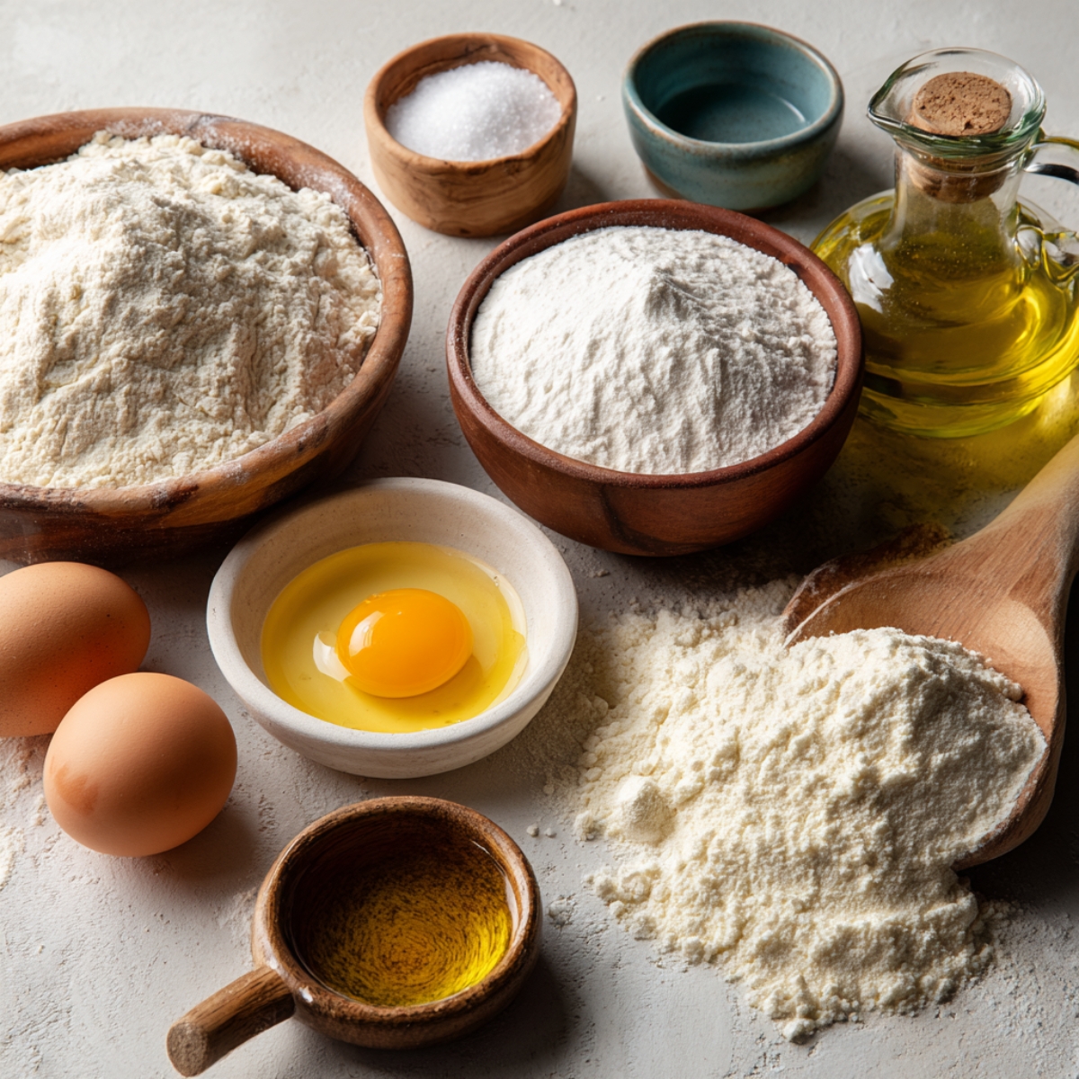 Basic ingredients: flour, eggs, olive oil, sugar, and salt in wooden and ceramic bowls.
