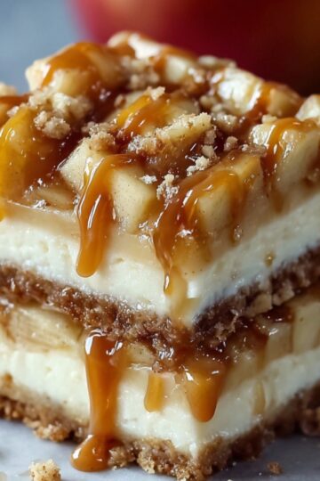 A close-up of a decadent caramel apple cheesecake bars, layered with crust, cheesecake, apple filling, and dripping caramel sauce on top.