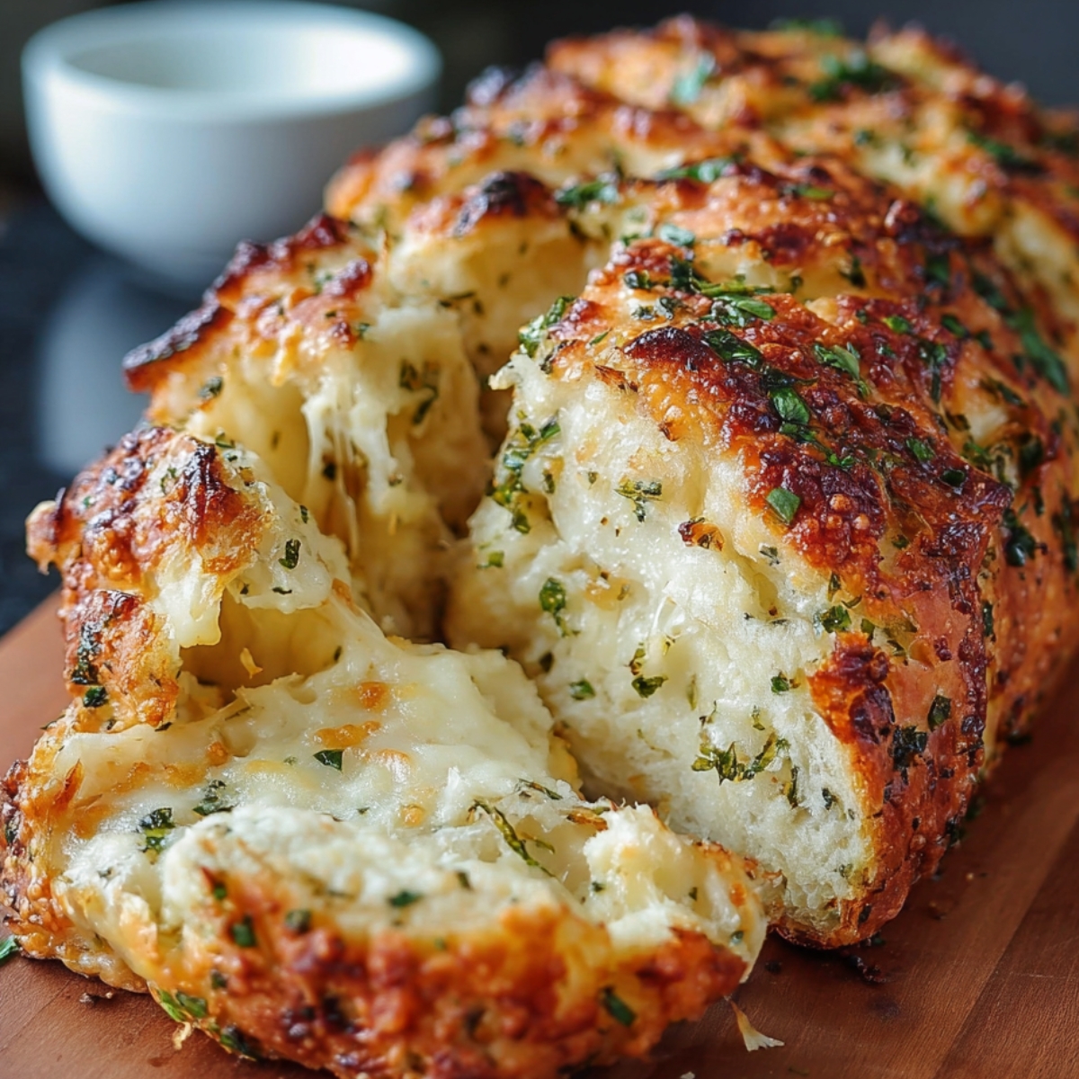 Golden-brown Cheese And Herb Bread Recipe, sliced open to show gooey melted cheese inside, topped with parsley.