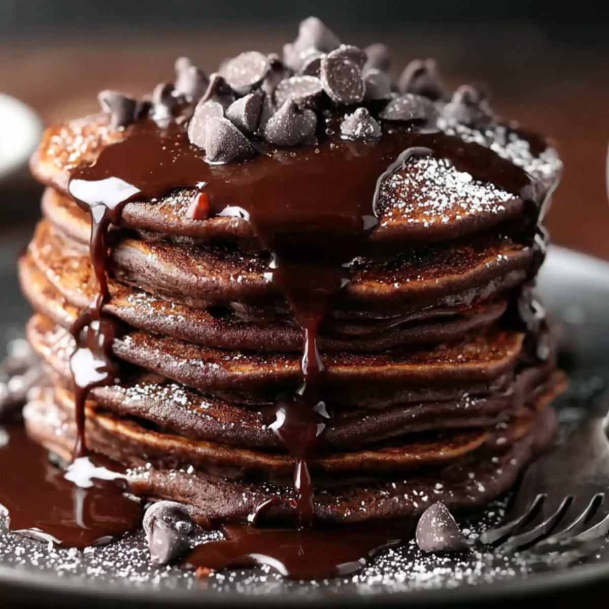 Stack of chocolate pancakes topped with chocolate sauce and chocolate chips on a black plate.