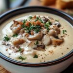 A bowl of creamy mushroom soup topped with sautéed mushrooms and fresh herbs, served with bread slices.