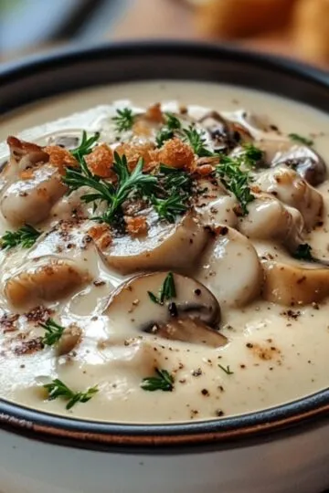 A bowl of creamy mushroom soup topped with sautéed mushrooms and fresh herbs, served with bread slices.