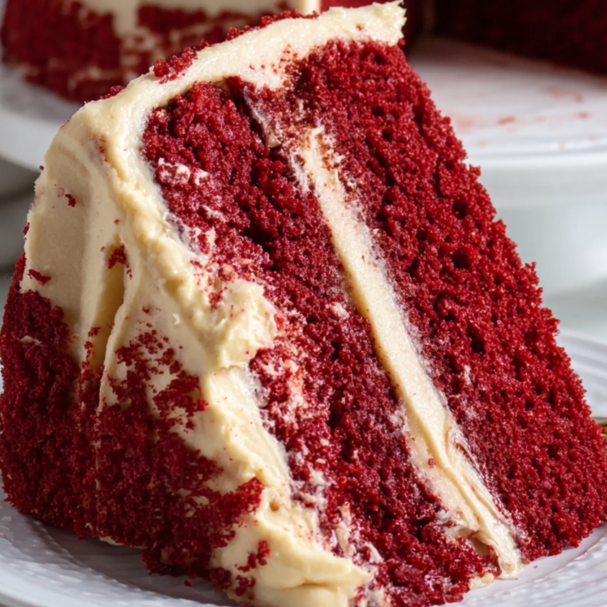 A slice of Gluten Free Red Velvet Cake layered with creamy white frosting. Placed on a white plate with a gold fork on the side. The full cake sits in the background, partially cut to show the inside.