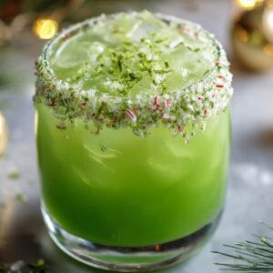 A Grinch Punch Recipe in a glass rimmed with crushed peppermint and lime zest, decorated with holiday ornaments and pine branches.