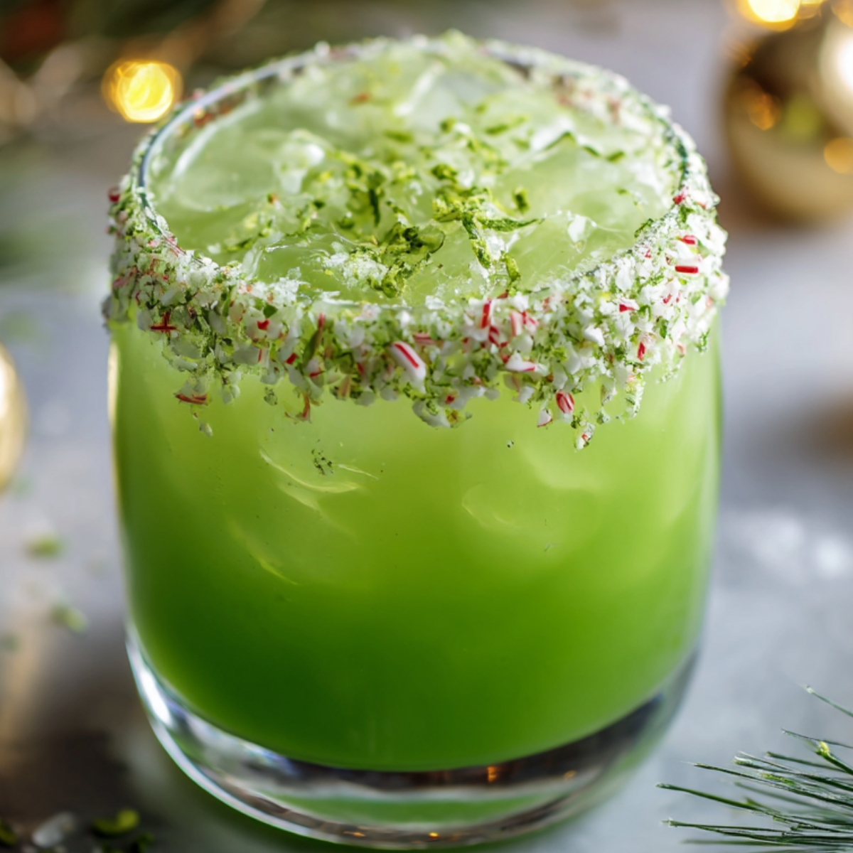 A Grinch Punch Recipe in a glass rimmed with crushed peppermint and lime zest, decorated with holiday ornaments and pine branches.