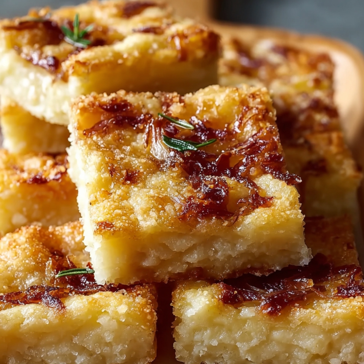 Delicious Parmesan Onion Squares Recipe 9 Caramelized Parmesan Onion Squares and cheese squares stacked on a wooden platter, golden and crispy on top with herbs sprinkled for garnish.