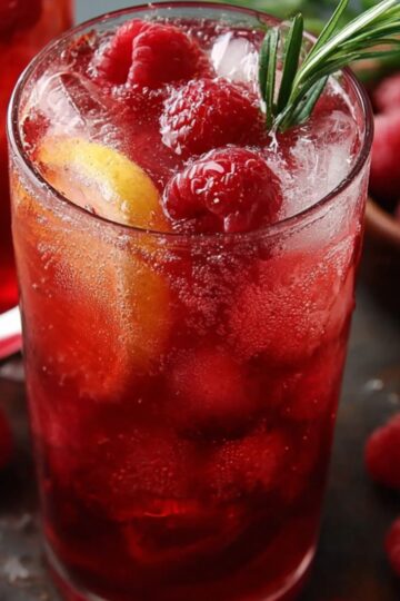 Two tall glasses of raspberry iced tea with lemon slices, raspberries, ice, and a rosemary garnish.
