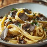 A plate of fettuccine Truffle Pasta Recipe with shaved black truffles, mushrooms, parsley, and grated Parmesan.