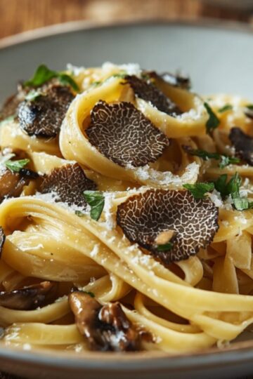 A plate of fettuccine Truffle Pasta Recipe with shaved black truffles, mushrooms, parsley, and grated Parmesan.