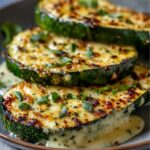 Baked cheesy garlic zucchini steaks served on a plate, with melted cheese sauce and fresh herbs for garnish.