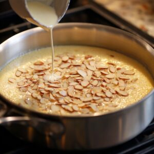 Cake batter in a pan topped with sliced almonds, with cream being poured over the surface.