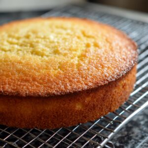 A golden almond cake cooling on a wire rack after baking.