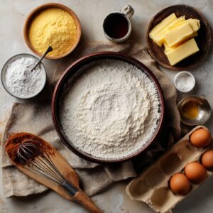 Baking ingredients displayed neatly: flour, cornmeal, powdered sugar, butter, eggs, cocoa, salt, and a small cup of syrup.