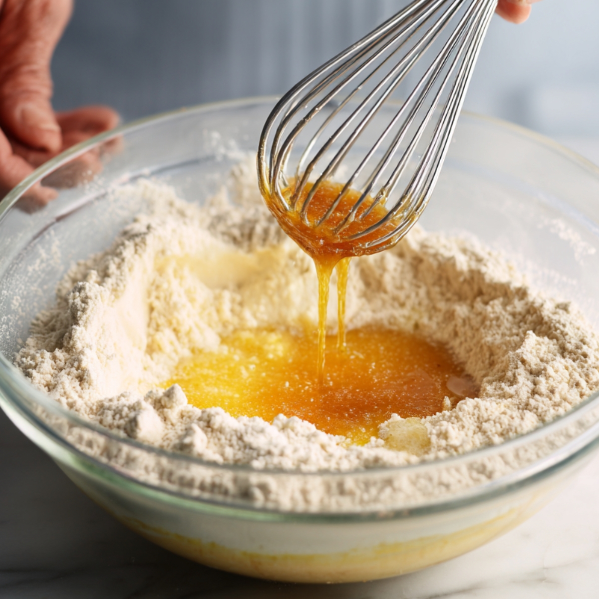 A person using a whisk to mix flour with a liquid mixture (apple cider and butter) in a glass bowl.