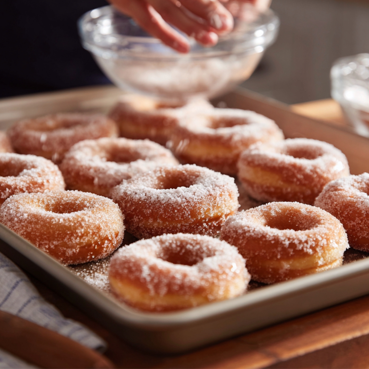 Hands rolling warm donuts in sugar, placed on a metal baking tray.