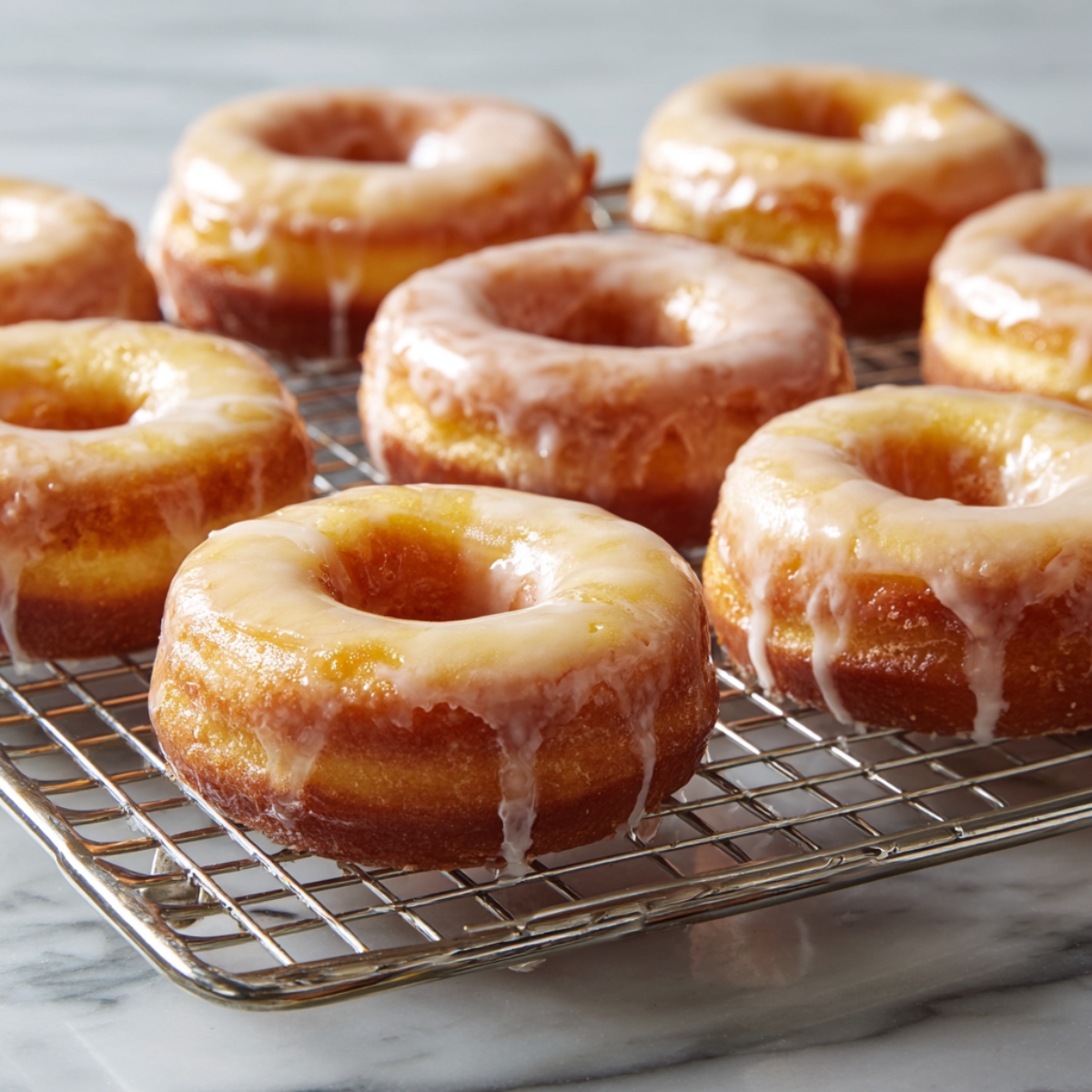 Donuts covered with a shiny sugar glaze, arranged on a wire rack.