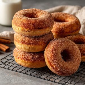 Baked donuts coated in cinnamon sugar, stacked on a cooling rack with a glass of milk in the background.