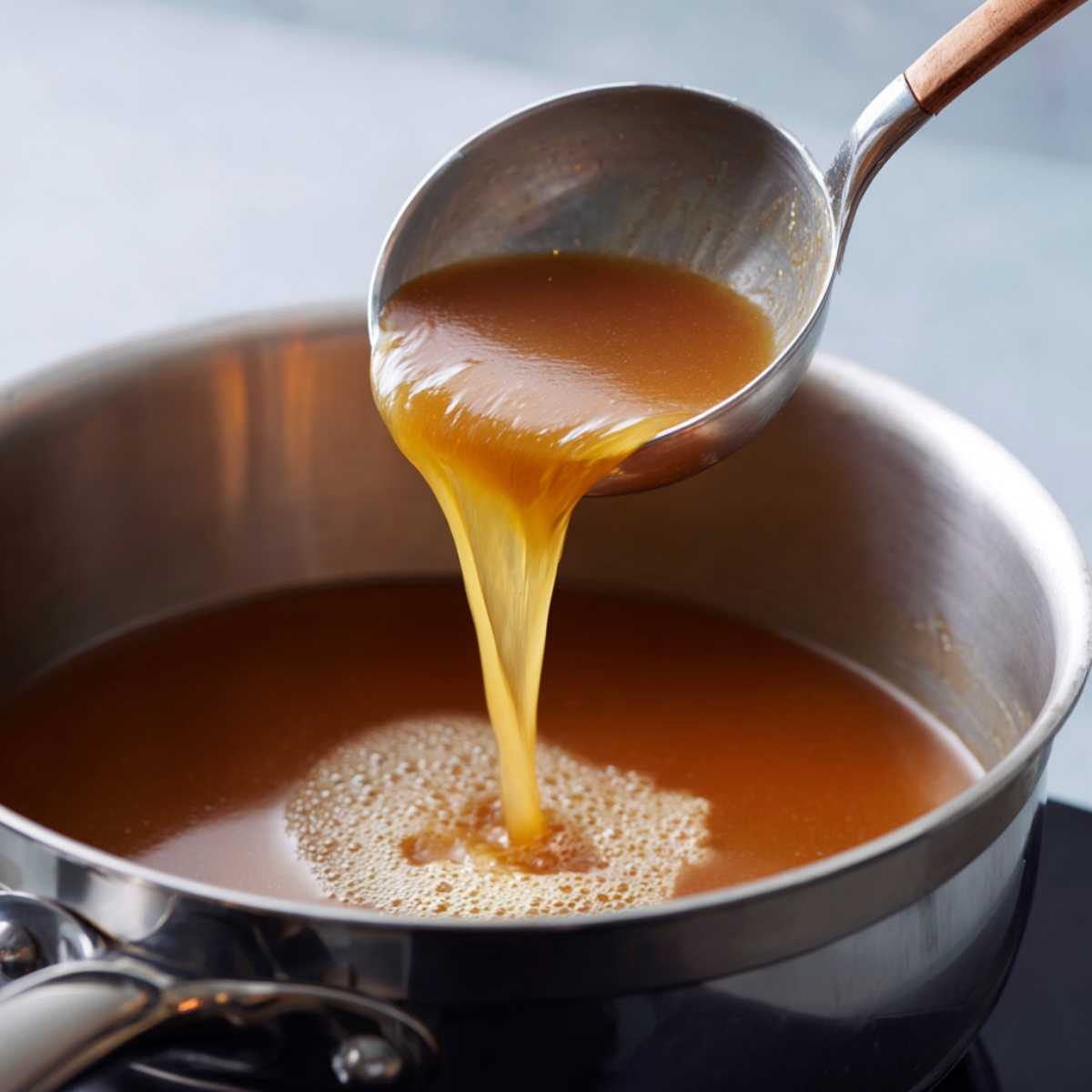 Apple cider reduction being ladled from a saucepan during cooking.